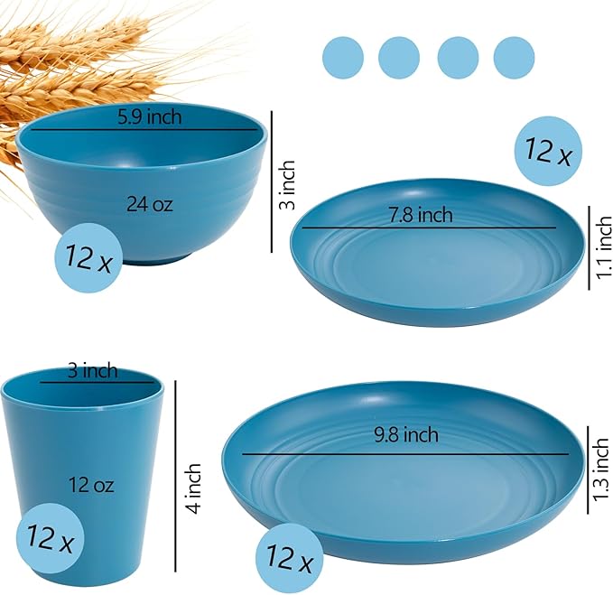 LIYH 48 Pcs Blue Wheat Straw Dinnerware, Plates and Bowls Set, Camping Dish Set for 12, Plastic Dinnerware Set, Dishwasher Safe Dinnerware Set, Unbreakable Plastic, Camper Dish Sets