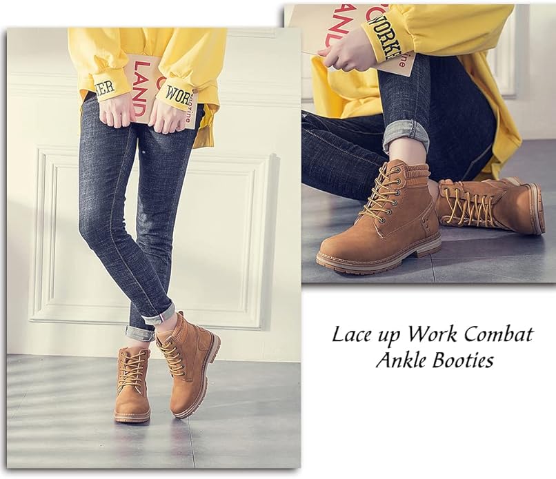 Athlefit Women's Work Waterproof Hiking Combat Boots Lace up Low Heel Booties Ankle Boots