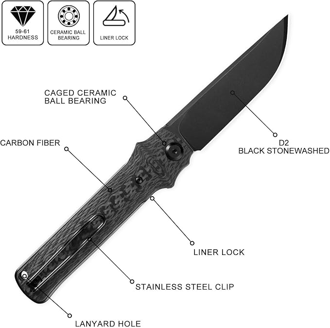 Petrified fish PFB04 Tena Folding Knife, 3.82" D2 Black Stonewashed Blade Carbon Fiber Handle Pocket Knife for EDC Camping Outdoor (Carbon Fiber Black Stonewashed)