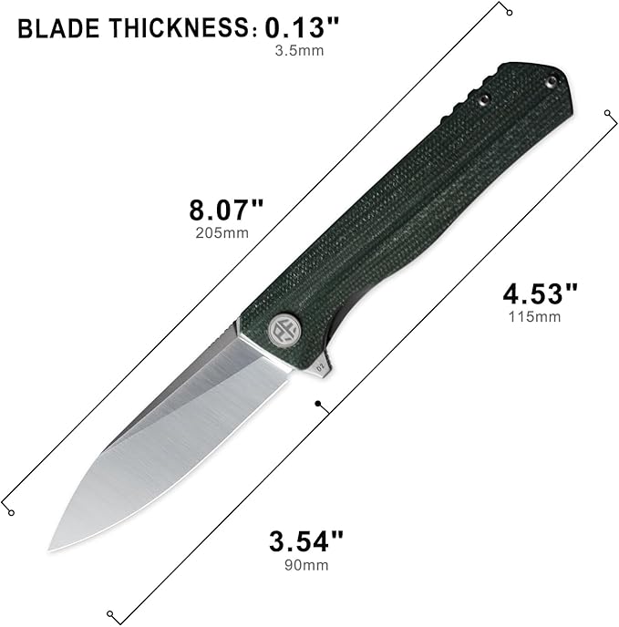 Petrified fish PF818 Folding Knife,3.54" D2 Steel Satin Blade,104g Micarta Handle Pocket Folding Knife (Green, Micarta)