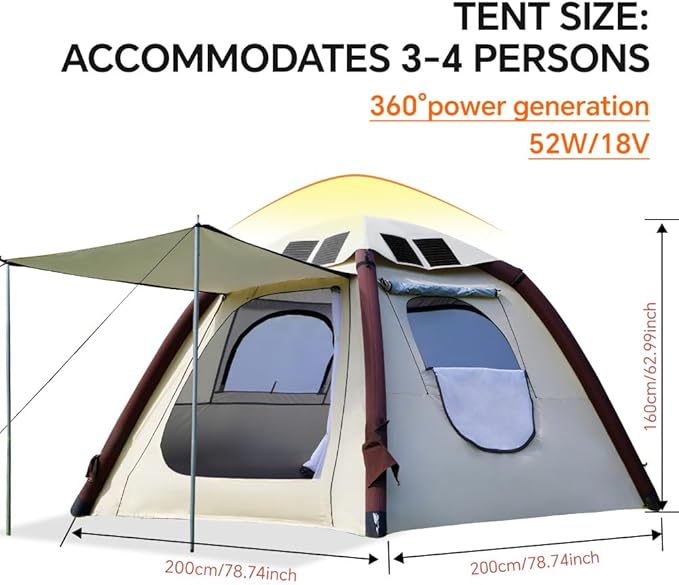 Cow-HQUS Camping Tents 4 Person, Pop Up Tents for Camping, Family Auto-Inflating Instant Pop Up Folding House with Screen Porch, Dome Large Inflatable Tents for Camping/Hiking/Beach(Solar Tent)