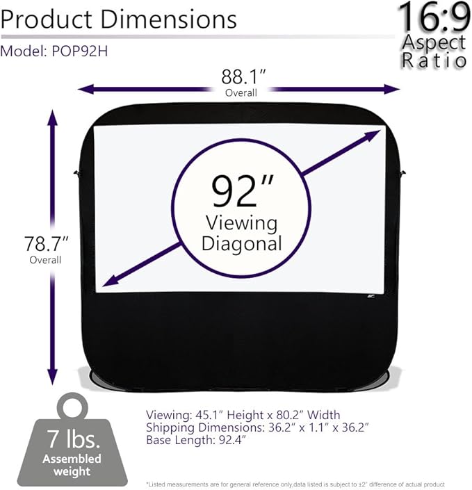 Elite Screens, Pop-Up Cinema 92-inch 16:9, SilkWhite 1.1 Gain, Portable Outdoor, Fast Folding Projector Screen, US Based Company 2-Year Warranty
