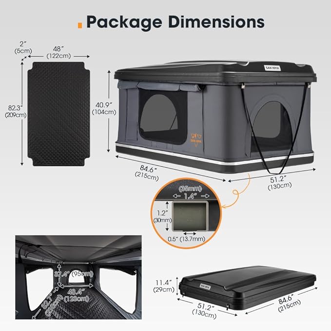 Sanhima Rooftop Tent Hard Shell - Jervis Loft Overland Aluminium ABS Roof Top Tent w/ 4 Sides Windows & AC Duct Hole for Car SUV Truck Camping, for 2-3 People