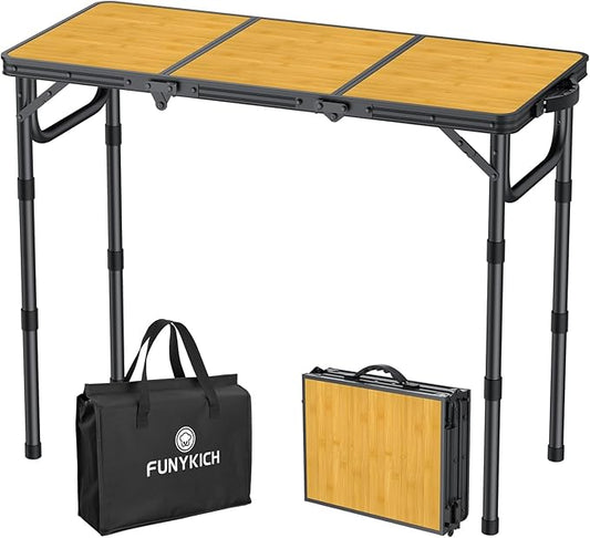 FUNYKICH 3ft Camping Folding Table with 3 Adjustable Height, Portable Picnic Tables, 34.2'' Lx15.7'' W Lightweight Aluminum Outdoor Table with Carry Handle for Camping, Picnic, Backyard, BBQ-Black