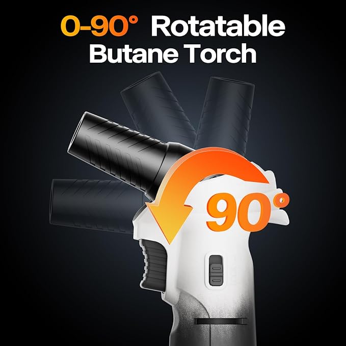 Butane Torch Lighter, 0-90°Rotating Angle Butane Lighter, Refillable Kitchen Torch with Safety Lock, Adjustable Flame for Soldering (White & Black-2 Pack)