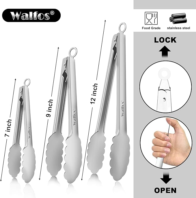 Walfos Stainless Steel Tongs, 3-Piece Set (7", 9", 12") - Heavy Duty, Heat Resistant, Non-Slip Grip, BBQ Grilling & Cooking Tongs