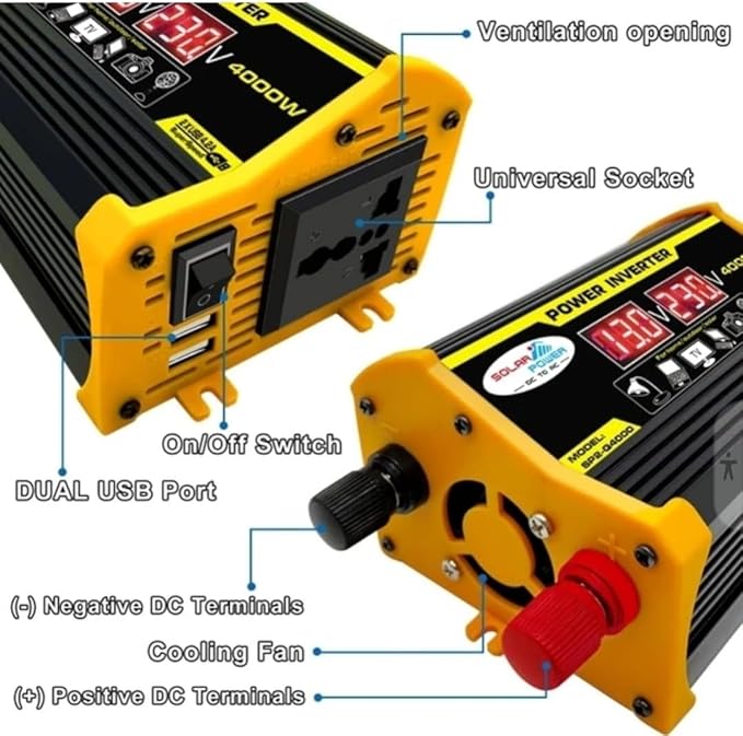 High-Power 4000W DC to AC Power Inverter – 12V to 110V/220V Converter with Dual USB Ports, Universal AC Outlet, LED Display for Cars, Trucks, RVs, and Home Backup (Black, 220V)