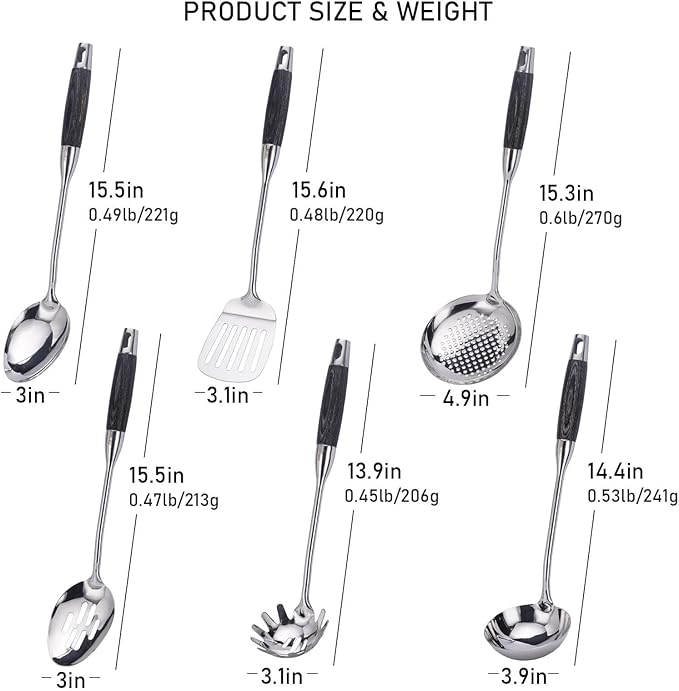 18/10 Stainless Steel Kitchen Utensils Set with Wood Handle - 15” Long Cooking Tools, Metal Spatula Spoons - Serving Solid/Slotted Spoon, Tunner, Skimmer, Soup Ladle, Pasta, Large Spoons Set of 6