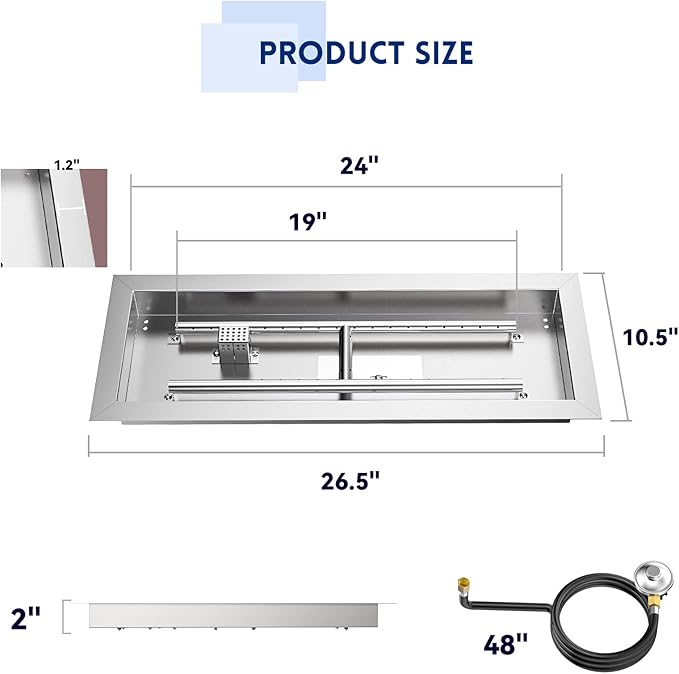 Skyflame Stainless Steel 24" Rectangle Fire Pit Drop-in Burner Kit with Extinguishing Protection Device, Flame Sensing, Electronic Spark Ignition, Gas Hose Connector for Propane