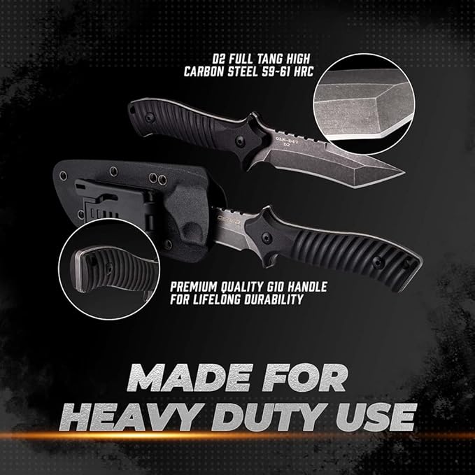OERLA OLK-D47 Tactical Survival Knife with Kydex Sheath, D2 High Carbon Steel Fixed Blade Outdoor Knife, G10 Handle, EDC Tactical Belt Clip
