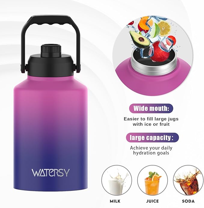 1 Gallon Water Bottle Insulated(Cold for 48 Hrs),BPA Free&Leak Proof,128oz Stainless Steel Water Jug,Big thermo,Large Water Bottle with Handle for Gym,Hiking,Camping&Travel,Gradient Purple