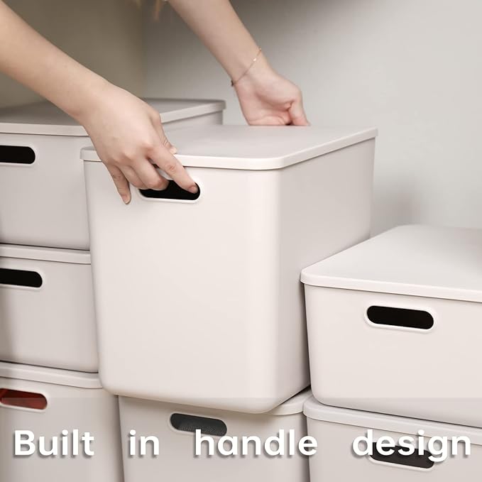 Plastic Storage Baskets With Lid Organizing Container Lidded Knit Storage Organizer Bins for Shelves Drawers Desktop Closet Playroom Classroom Office (4XL+2L, Light grey)