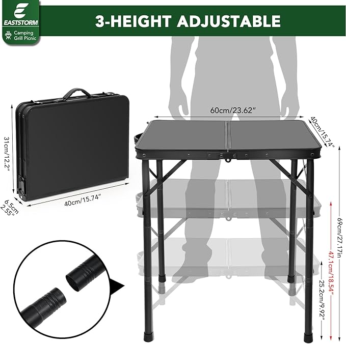 Small Folding Grill Table 3 Heights, Easy for Storage, Compact and Portable Picnic Table for Outdoor Camping, Garden, Patio, Dining, BBQ, Party, Market, 2Ft (Small, Black)
