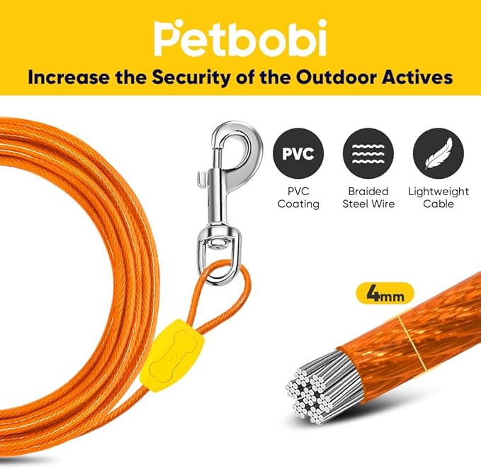 Petbobi Dog Tie-Out Cable and Stake - 15ft Heavy Duty Cable, No Tangle, 16in Ground Stake, Ideal for Yard, Camping and Beach, Suitable for Small Medium Large Dogs Up to 20 lbs, Orange