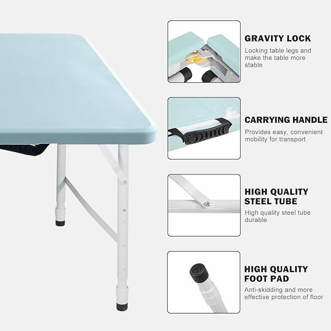 Portable Plastic Folding Table 4ft/6ft/8ft Heavy Duty White Black Picnic Dining Table Fold-in-Half for Camp Party Kitchen Indoor Outdoor