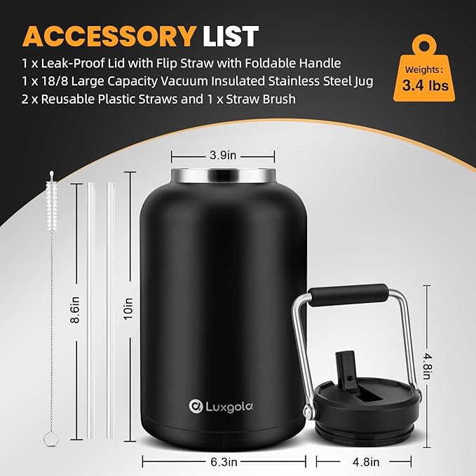128 oz Insulated Water Jug with Straw Lid and Handle, One Gallon Stainless Steel Double Vacuum Water Bottle for Hot & Cold Drinks - Sweat Proof, Great for Travel, Hiking, Camping - Dark Blue