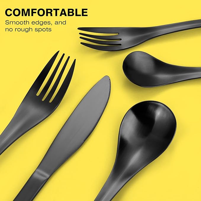 Black Silverware Set, Bysta 20-Piece Flatware Set, Stainless Steel Utensils Service for 4, Tableware Cutlery Set for Home and Restaurant, Include Knife/Fork/Spoon, Satin Finish, Dishwasher Safe