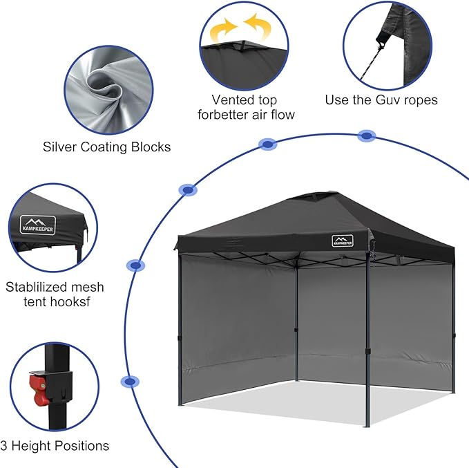 KAMPKEEPER 10x10 Pop Up Canopy Tent with 2 Sidewalls, Beach Tent - Easy Outdoor Sun Shade for Events, Parties, Camping - Gazebo with 4 Weight Bags & Carry Bag. (Black)