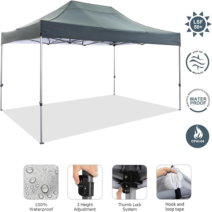COBIZI 10x15 Pop Up Canopy Without Sidewall,Heavy Duty Canopy UPF 50+ All Season Wind Waterproof Commercial Outdoor Wedding Party Tents for Parties Gazebo with Carry Bag(10 x 15 ft Gray)