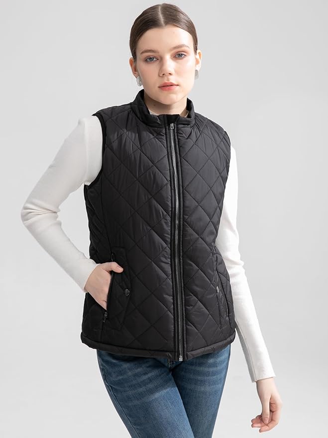 Women's Vest, Quilted Puffer Water-Resistant Zip With Pockets