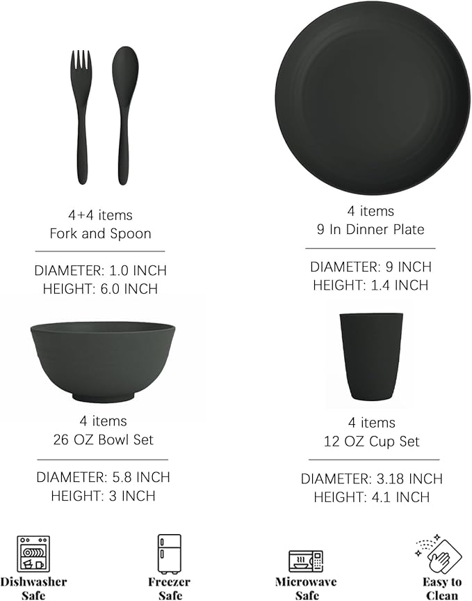 Wheat Straw Dinnerware Sets for 4, Unbreakable Kids Plates and Bowls Sets 20 PCS, Alternatives Reusable Plastic Dinnerware Set, Microwave Safe Kitchen Dish Set for Dorm, Camping (Black)
