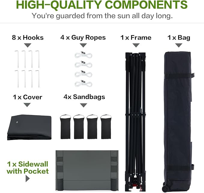 10'x10' Pop Up Canopy Tent with 1 Sidewall and 6 Pockets, One Push Setup, Instant Shade Tent with Vented Roof for Beach Patio Outdoor, Case, 8 Stakes, 4 Ropes, 4 Sandbags (Black, 10x10)