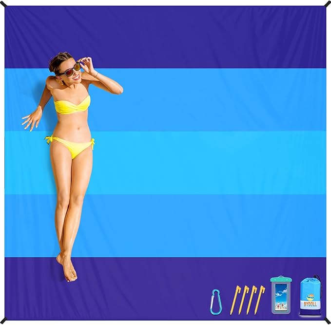BYDOLL Beach Blanket Waterproof Sandproof 78''ร81'' Suits1-4 Adults Compact Lightweight Oversized Sand-Free Blanket Large Picnic Mat for Beach Travel Camping Hiking