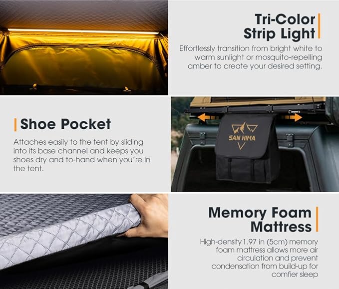 Sanhima Rooftop Tent Hard Shell - Hotham Lite Overland Aluminium Roof Top Tent 4.56" Slimline, w/Tri-Color LED Strip Light & 1.97” Thick Mattress, for Car SUV Truck Camping, 2-3 People