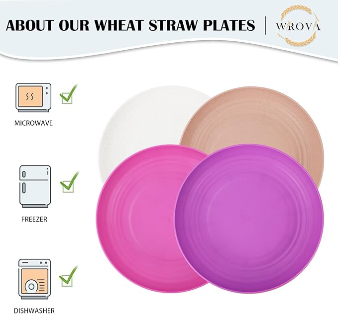 Wheat Straw Plates - Unbreakable 10 Inch Dinner Plates Set of 8 - Dishwasher & Microwave Safe, Easy to Clean for Kitchen, Camping - White, Pink, Purple