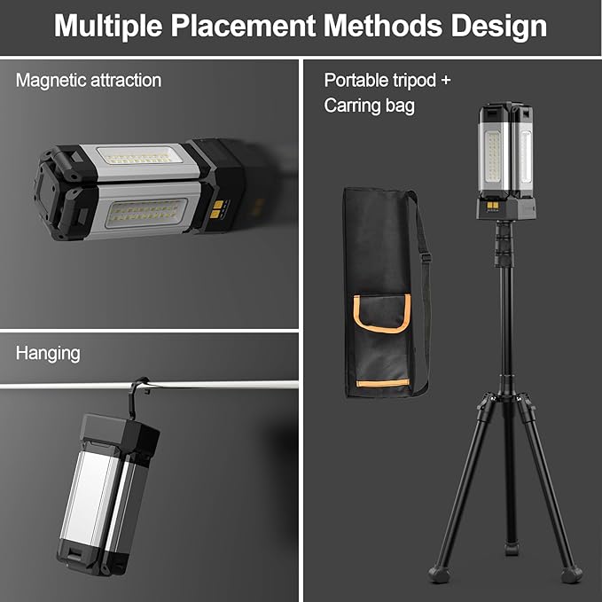 13200mAh Rechargeable Aluminum Work Light , IPX4 Waterproofwith Folding Stand Support and Portable Carrying Bag, 8000 Lumen Stepless Dimmable , 3 Lighting Modes, White/Warm/Nature White
