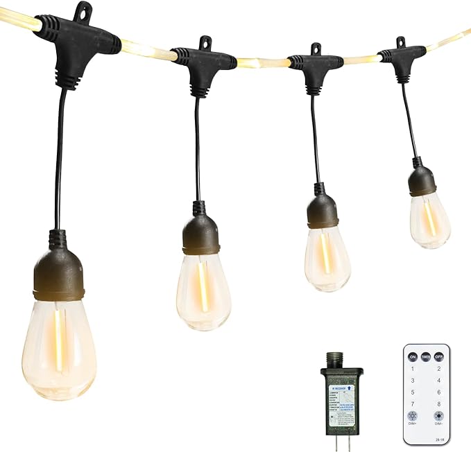 LED Outdoor Edison String Lights Waterproof with Remote 28.2FT, 12 Shatterproof Bulbs with Timer and IC Function, Patio & Backyard Lights, Dimmable Warm White 2700K, ETL Certified