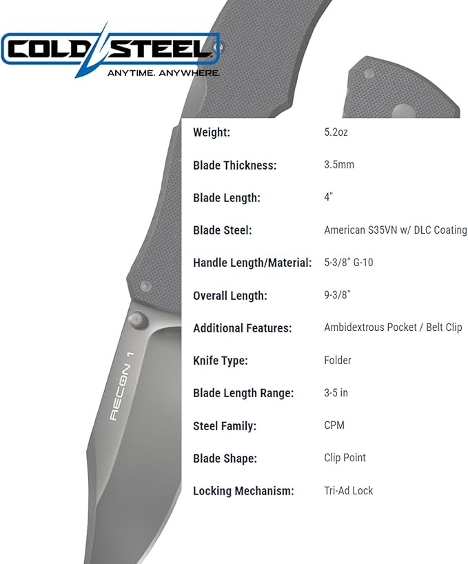 Cold Steel Recon 1 4" S35VN Razor-Sharp Blade 5.375" G-10 Handle Tactical Folding Knife w/Tri-Ad Lock, Ambidextrous Pocket/Belt Clip