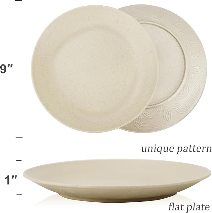 Wheat Straw Dinner Plates 9 Inch Unbreakable Set of 8 - Dishwasher & Microwave Safe Plastic Plates Reusable - Lightweight Plates for kitchen,camping,salad,appetizer - Beige