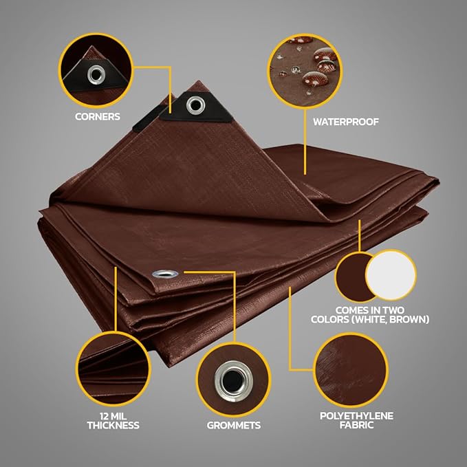 Seal Skin Covers Heavy Duty Waterproof Tarp 6x8 FT, 12 Mil 8 OZ 120 GSM Thick Brown Poly Tarp with Rustproof Grommets, Tear-Proof Cover with Reinforced Edges for Camping, Pool, Canopy Use