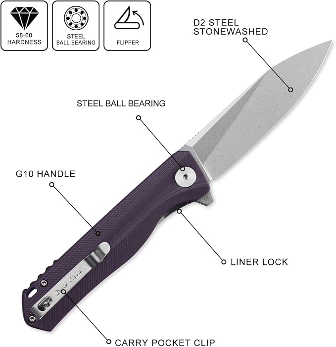 Petrified fish G10 handle D2 steel blade 2CR13 liner ball bearing flipper folding knife camping hunting EDC pocket tool PF818 (Purple, Stonewash)