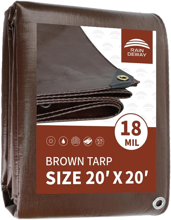 RAINDEWAY 20x20 Feet Super Heavy Duty 18 Mil Brown Poly Tarp Cover, UV Resistant, Weatherproof, Multipurpose Waterproof Poly Tarp with Grommets and Reinforced Edges