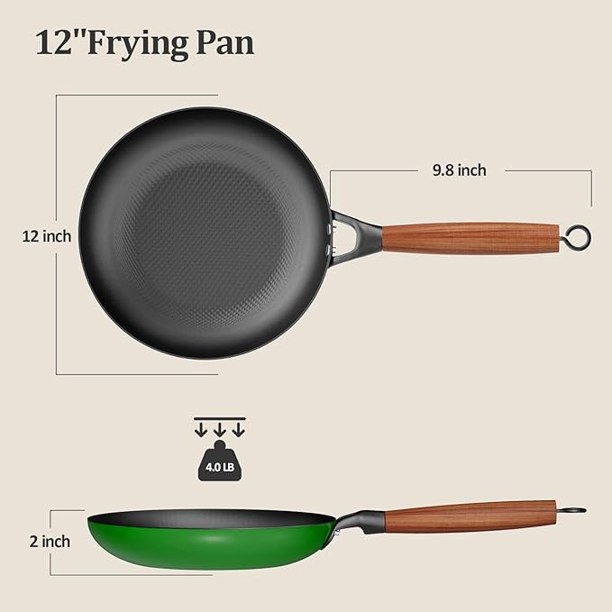 YUTANN 12 Inch Cast Iron Skillet,Pre-Seasoned Large Nonstick Enameled Frying Pan, PFOA&PFAS-Free, Detachable Scald-resistant Wooden Handle, Easy to Clean,Stovetop and oven compatible
