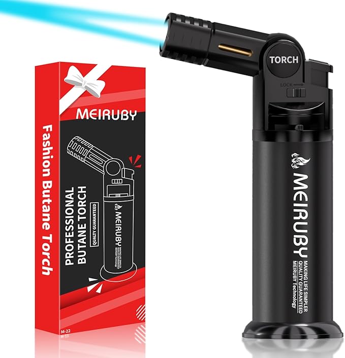 Butane Torch Lighter with Adjustable Jet Flame Head Angle/Safety Lock, Refillable Portable Culinary Blow Torch for Kitchen Cooking, Baking, BBQ, Welding & Camping