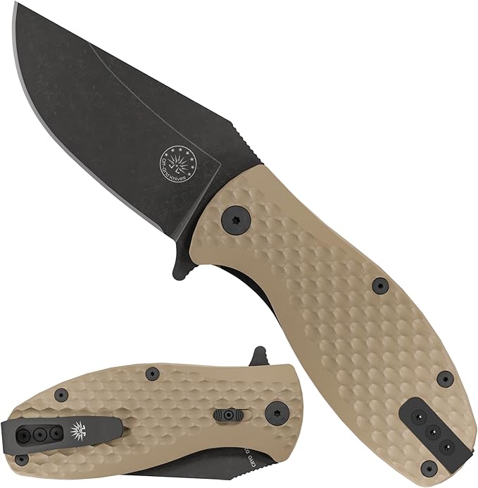 Off-Grid Knives - Badger EDC Folding Knife with Sandvik 14C28N Blade, Ball Bearing Pivot, G10 Scales, Grid-Lock, Ambidextrous Deep Carry Clip (Coyote)