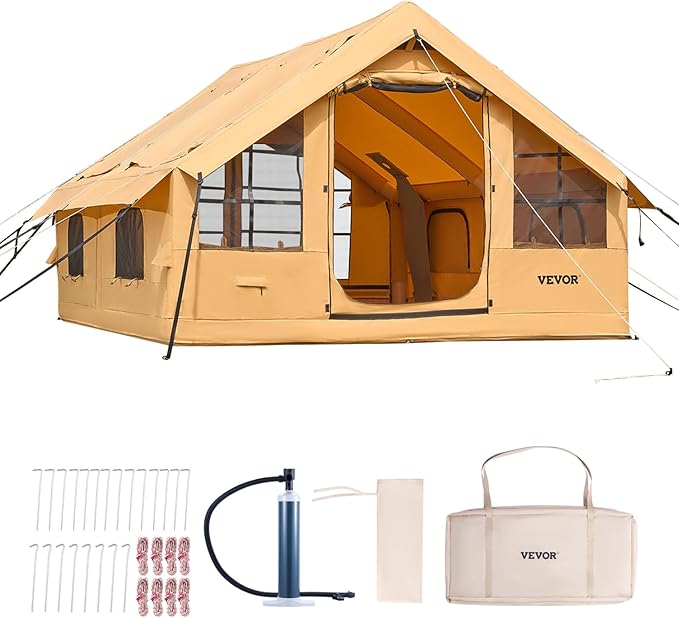 VEVOR Inflatable Tents for Camping, Easy Setup Blow up Tent with Hand Pump, 4 Season Glamping Tent with Stove Jack, Doors & Mesh Windows, Storage Bag Included for Easy Taking