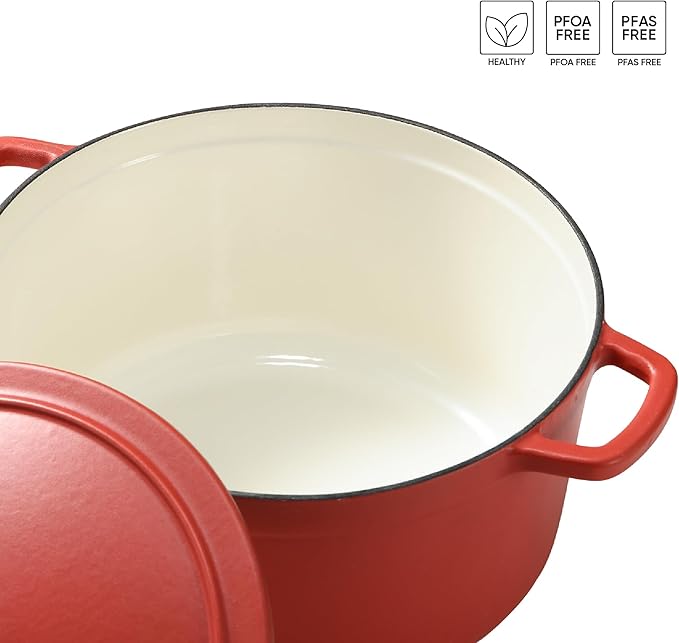 CAROTE Enameled Cast Iron Dutch Oven Pot with Lid, Enameled Dutch Oven for Sourdough Bread Baking, Braising, Stews, Dual Handles, Heavy-Duty Cast Iron Pot, 5QT, Red