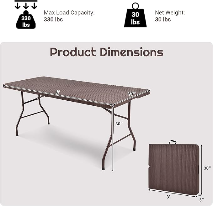 GYMAX 6FT Folding Table, Portable Lightweight Camping Table with Carry Handle, Easy Fold Up Rectangle Indoor/Outdoor Collapsible Table for Camp, Picnic, BBQ, Patio (Rattan Tabletop with Umbrella Hole)