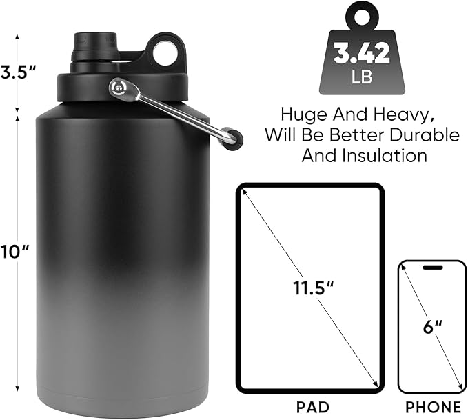 Kerilyn Insulated Gallon Jug with Handle, One Gallon, 128oz Stainless Steel, Large Double Vacuum Water Bottle for Hot & Cold Drinks, Wide Mouth, Sweat Proof, Great for Travel, Camping, Grey Gradient