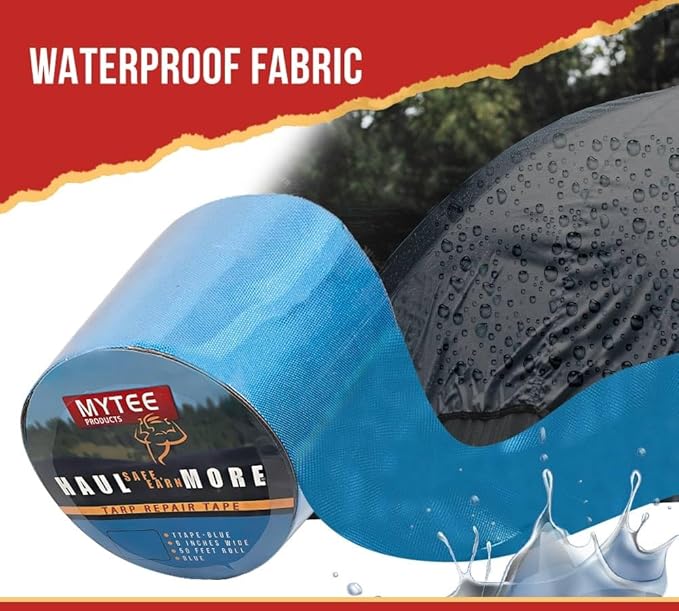 Mytee Products 8.8 oz Waterproof Blue Vinyl Tarp Repair Tape 6 Inch x 50 FT with Heavy Duty Adhesive Backing - Tarp Patch Kit, Tarp Repair Kit