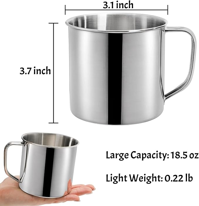6 Pack Stainless Steel Coffee Mug with Handle, 18.5 Oz Metal Camping Coffee Cup, Unbreakable Portable Hiking Cup Tea Water Drinking Cups for Outdoor Travel, Picnics, Hot Cold Drinks