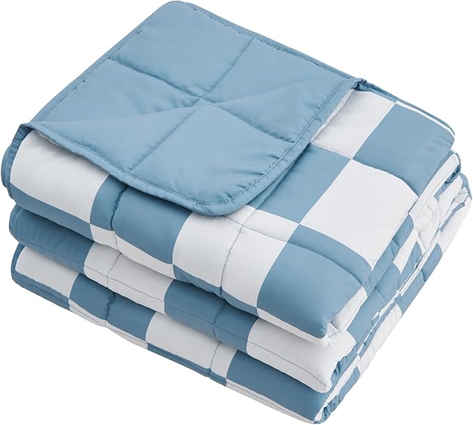 Blue Checkered Weighted Blanket for Adults 12lbs, 60"x80" Queen Size, Cooling Heavy Blanket for 110-130lbs with Premium Glass Beads, Soft Thick Big Blankets for All-Season Sleeping Comfort Breathable
