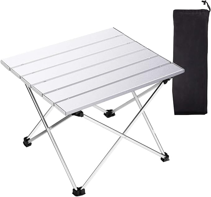 Tesouro Portable Camping Table,Folding Side Table Aluminum Top for Outdoor Cooking, Hiking, Travel, Picnic (Sliver-Medium)