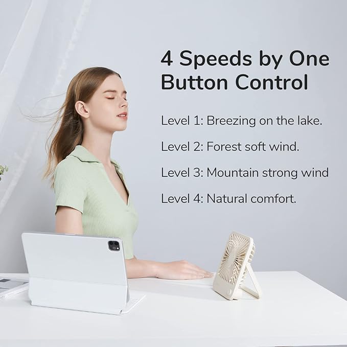 JISULIFE Desk Fan Battery Rechargeable, 4500mAh 180°Foldable Portable Personal Fan, 4 Speeds Adjustable Long Battery-life for Home Office Travel Outdoor Gifts for Women Men-Brown