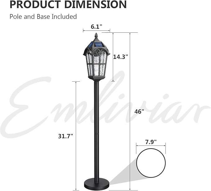 Emliviar Solar Pathway Light with Water Grain Glass Shade, 46 Inch Classic Post Lamp with Round Base in Black Finish, Portable Floor Lamp for Outdoor Travel, LED Bulb Included, YXE302PL-ML SL BK