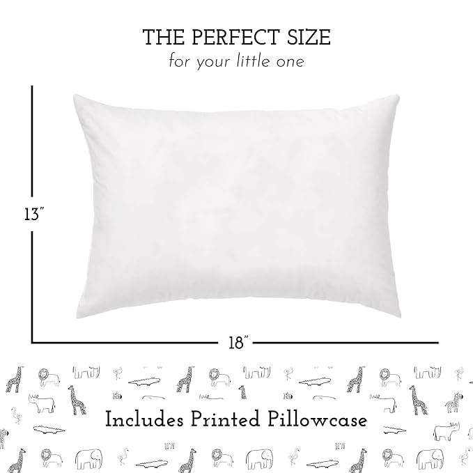 Little Sleepy Head Toddler Pillow with Pillowcase 13x18 - Kids Pillow for Sleeping - Better Neck Support Ergonomic Pillow and Toddler Pillowcase - Best Pillows for Kids (Animal Adventure)